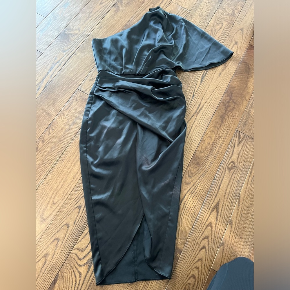 Black Midi Ruched One Shoulder Cocktail Dress